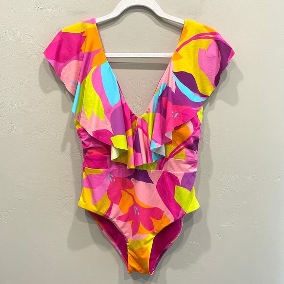 NWT Trina Turk Lilleth Ruffle One-Piece Swimsuit Pink Multi - Size: 10 - Picture 2 of 11
